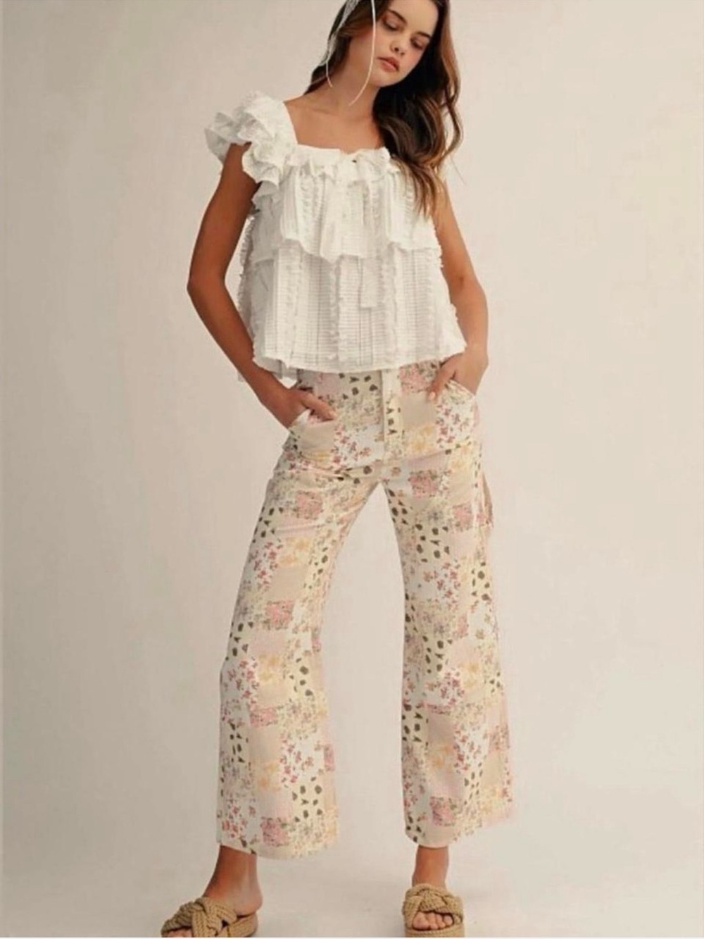 Pastel Floral Patchwork Wide-Leg Pants in Cream & Pastel